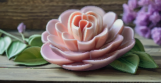 A close-up view of a soap sculpture shaped like a flower, detailed with petals and leaves, illuminated by soft natural light.