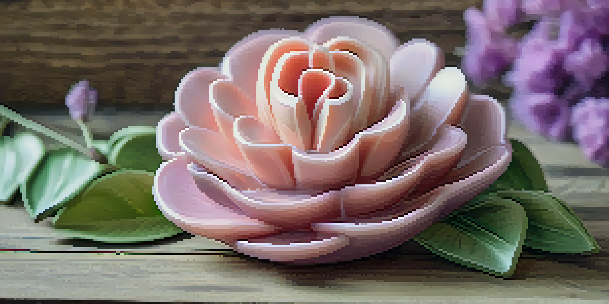 A close-up view of a soap sculpture shaped like a flower, detailed with petals and leaves, illuminated by soft natural light.