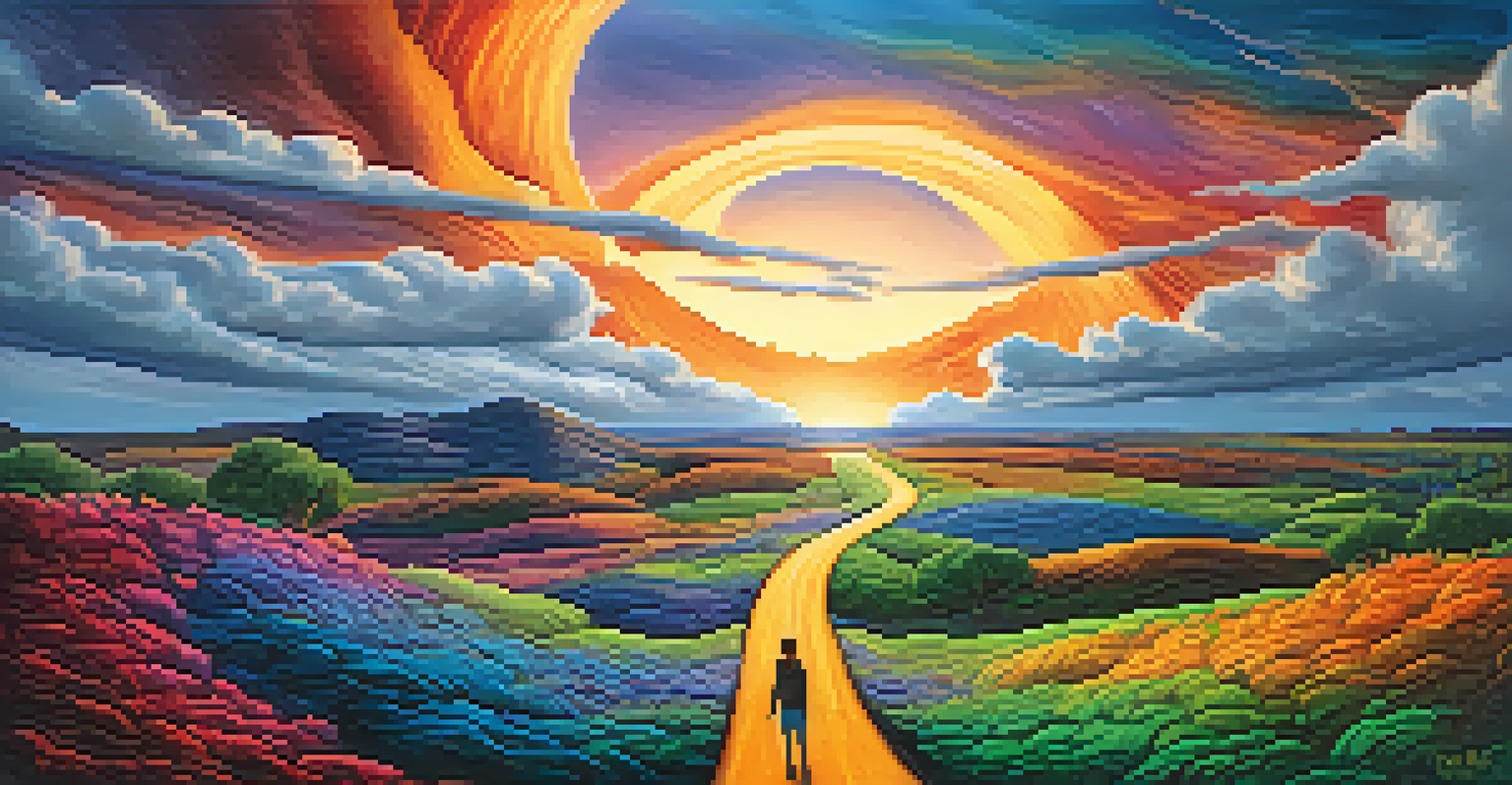 A narrative arc illustrated with key moments along a winding path, showing struggle and resolution.