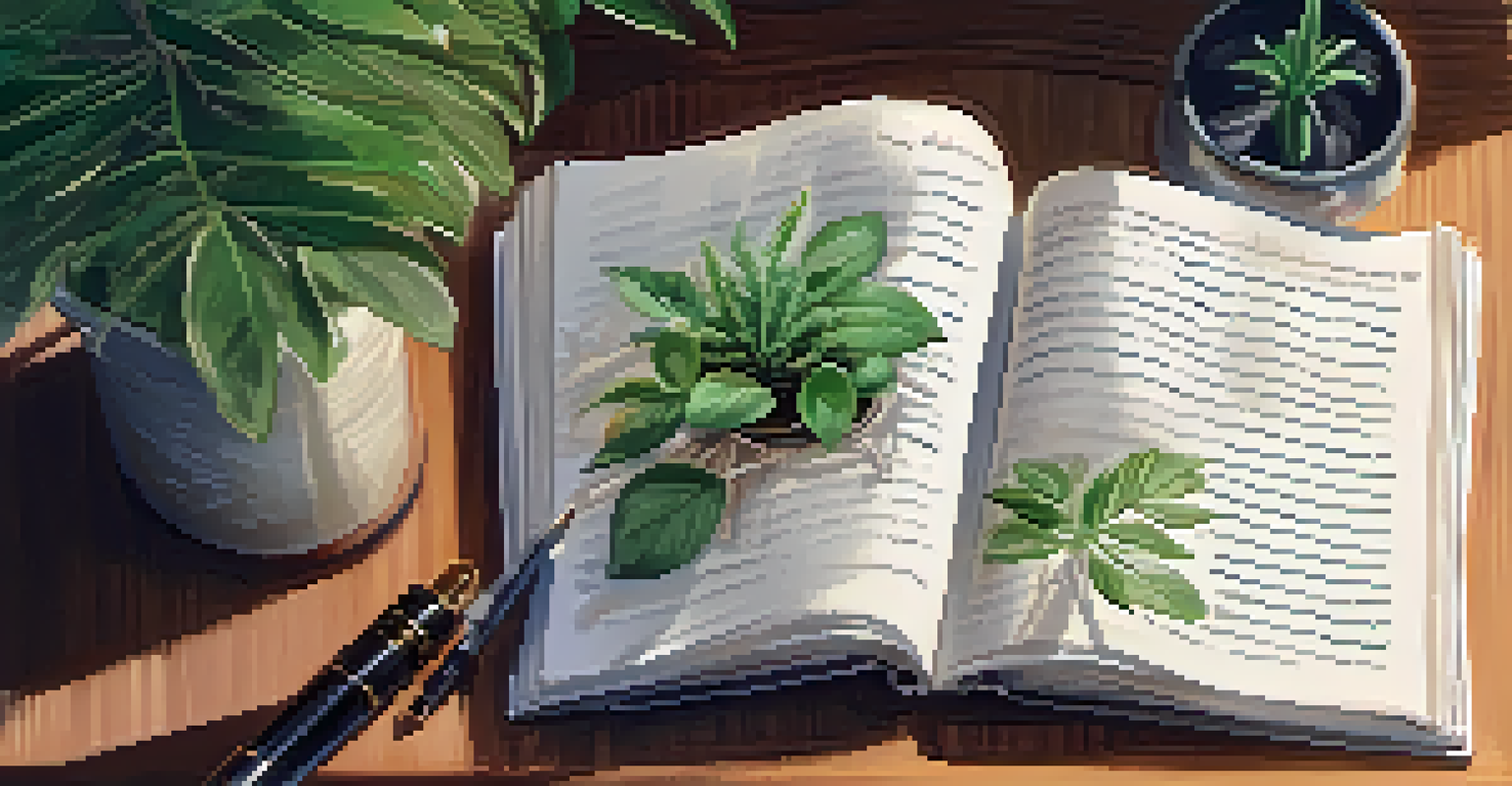 An open journal with handwritten notes and a fountain pen on a wooden table, adorned with a small potted plant.