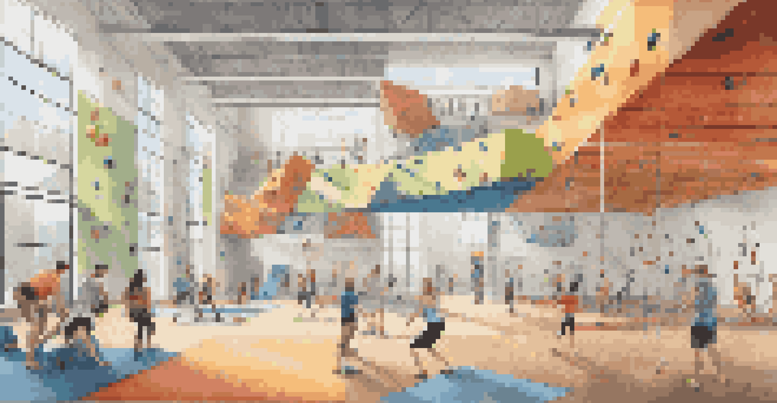 An indoor climbing gym bustling with climbers of different skill levels, showcasing colorful climbing walls and vibrant activity.