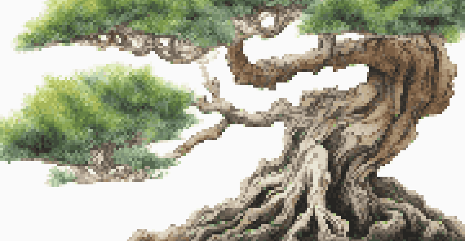 A close-up view of a bonsai tree with detailed branches and green leaves, illuminated by warm sunlight.