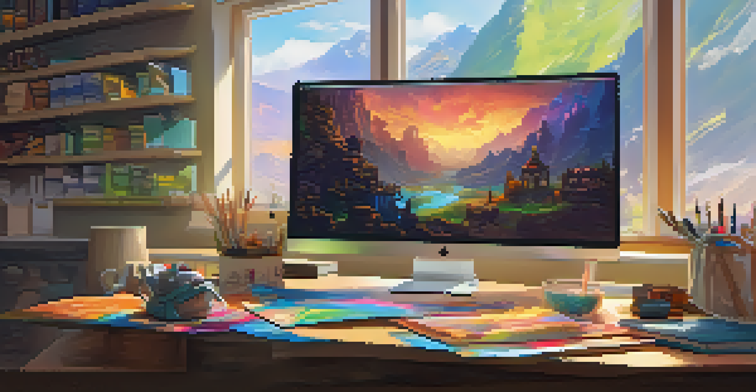 A computer screen displaying a colorful fantasy game prototype, surrounded by concept art and game design documents.