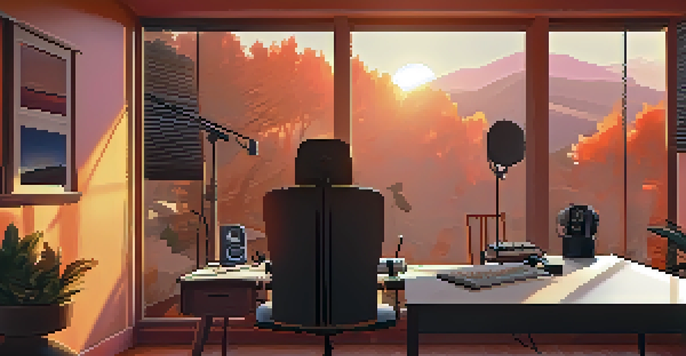 A cozy voice acting studio with a microphone, soundproofing panels, and warm lighting during sunset.