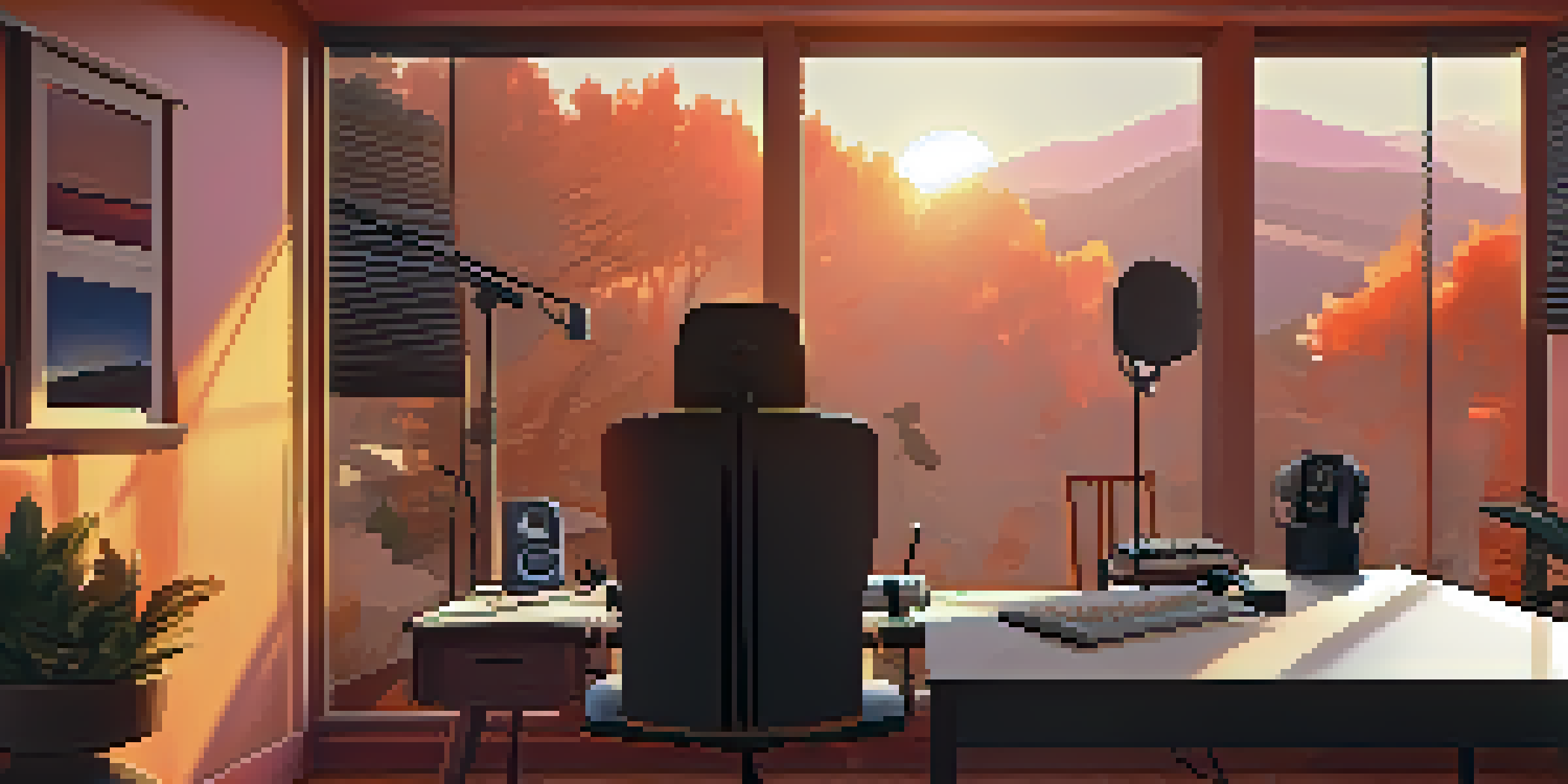 A cozy voice acting studio with a microphone, soundproofing panels, and warm lighting during sunset.
