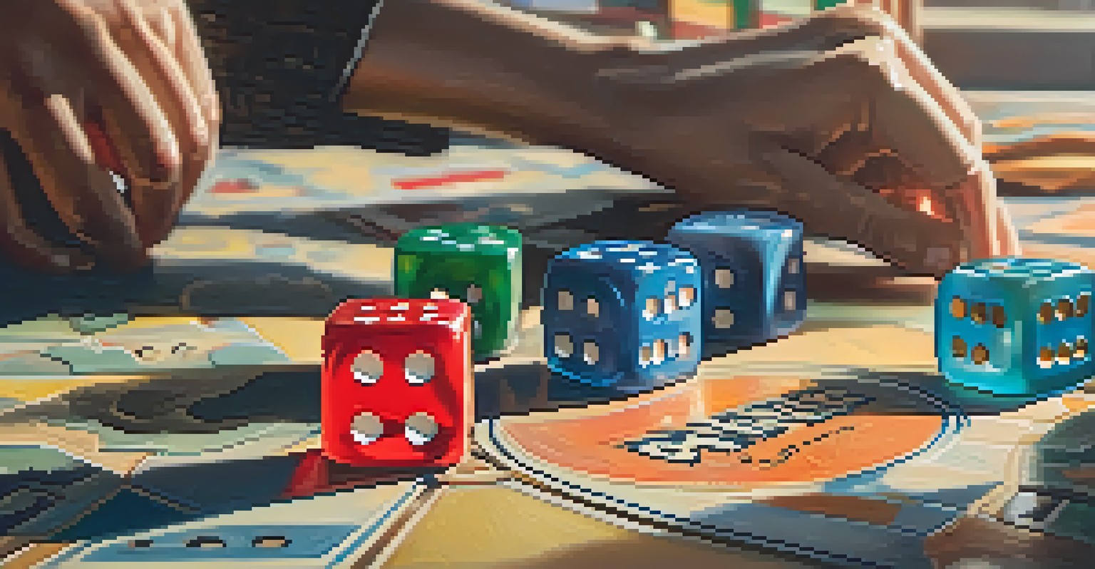 A close-up of a hand rolling colorful dice on a tabletop filled with vintage board games, with sunlight illuminating the scene.