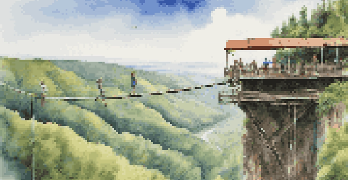A scenic view of a bungee jumping platform surrounded by greenery, with jumpers gearing up for their jump under a clear sky.