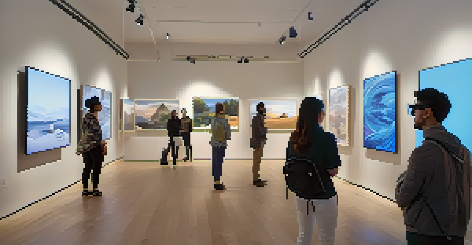 A virtual gallery with digital art on screens, visitors interacting with the artworks in a softly lit space.
