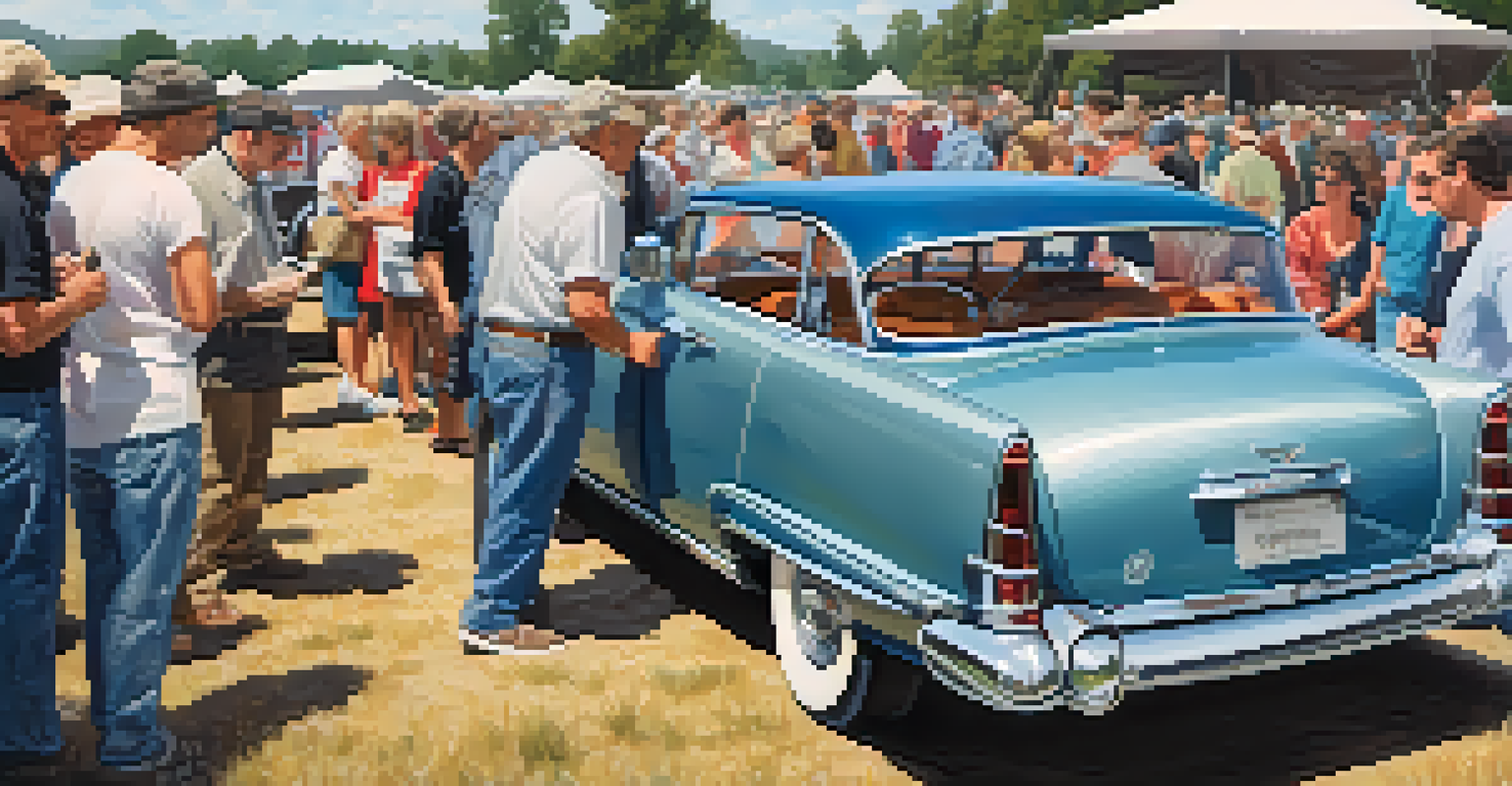 A workshop at a vintage car show where enthusiasts learn about restoration techniques.