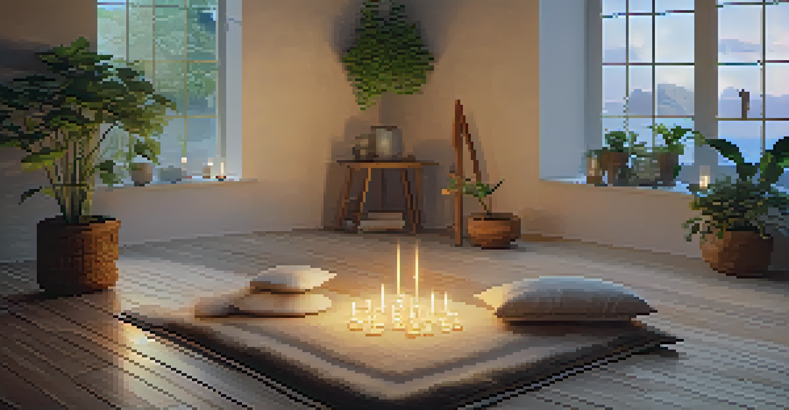 A calming meditation space with candles, crystals, and plants, softly illuminated.