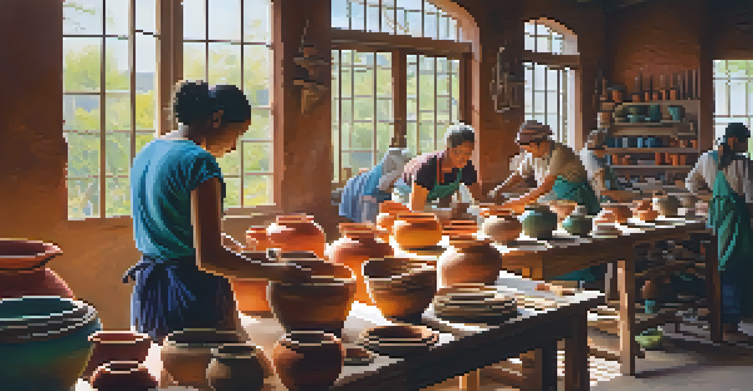 Artisans at work in a pottery workshop, creating colorful ceramic pieces with tools and glazes in a bright, well-lit space.