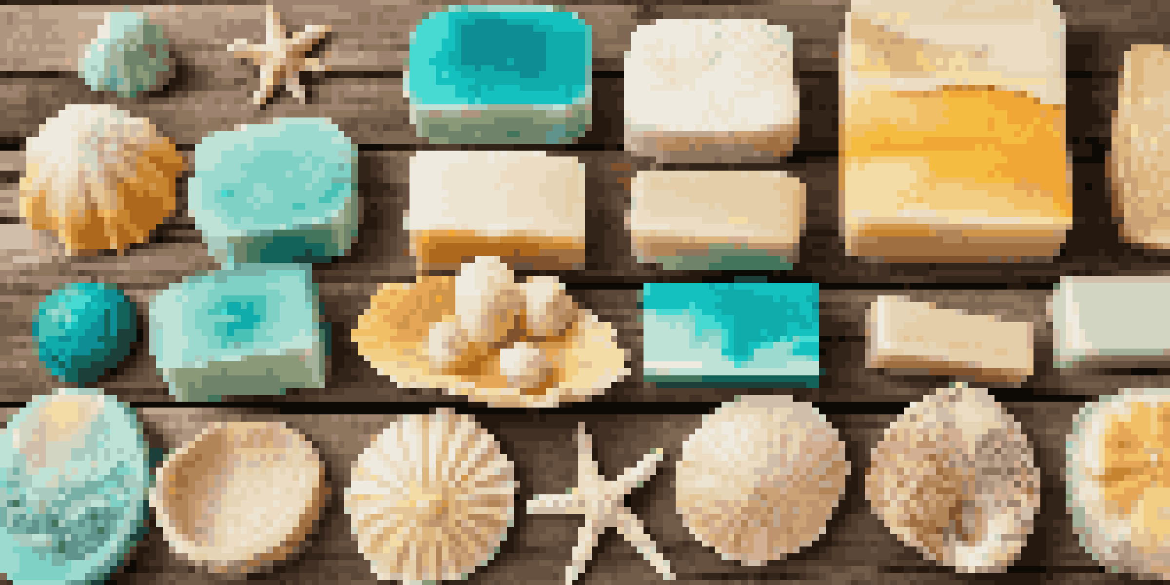 A collection of colorful handmade soaps themed around a tropical beach, displayed on a wooden table with seashells and palm leaves.