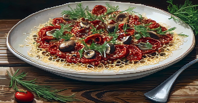 A gourmet dish featuring umami ingredients like sun-dried tomatoes and mushrooms, beautifully arranged on a wooden table with fresh herbs.