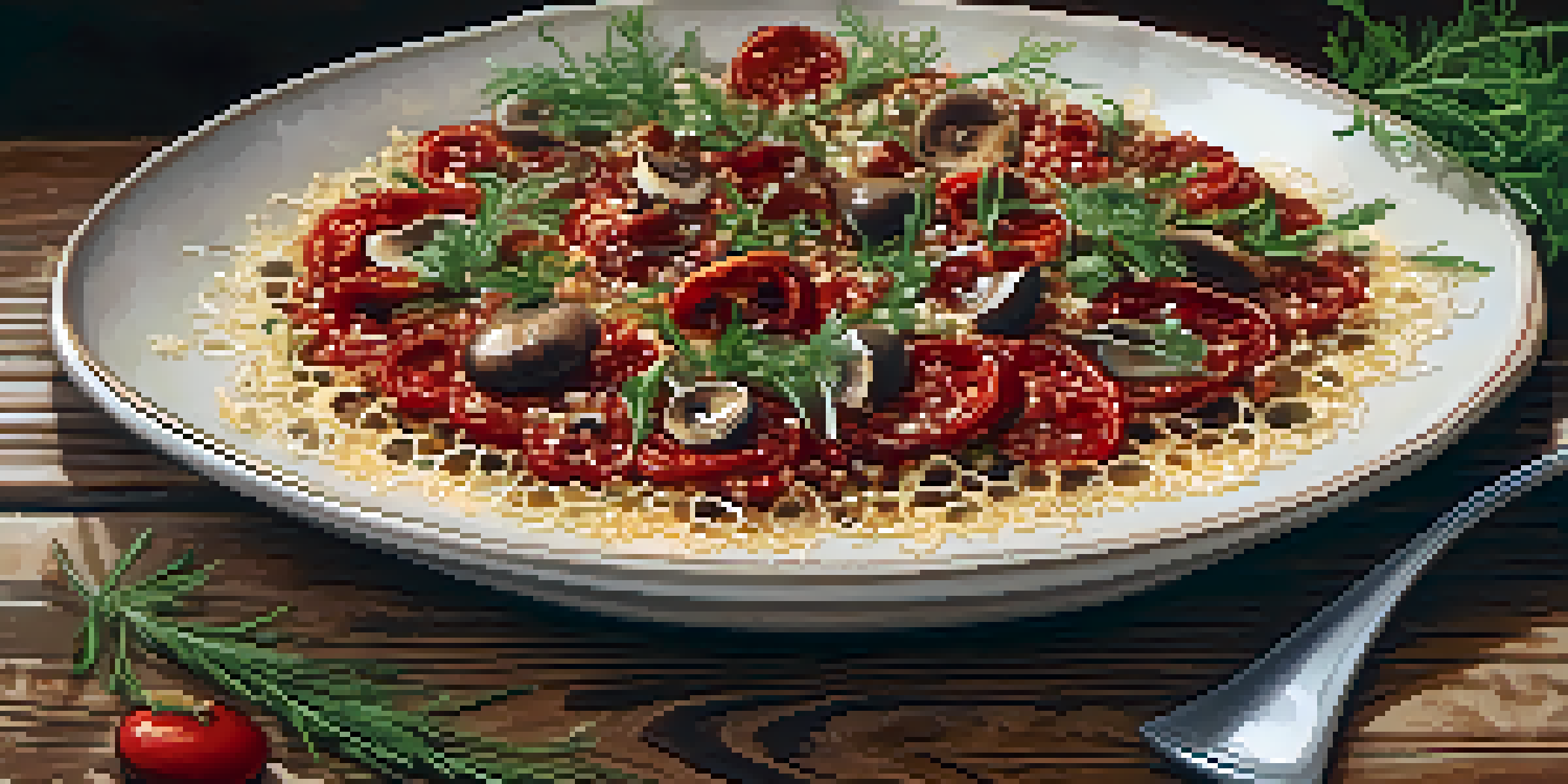 A gourmet dish featuring umami ingredients like sun-dried tomatoes and mushrooms, beautifully arranged on a wooden table with fresh herbs.