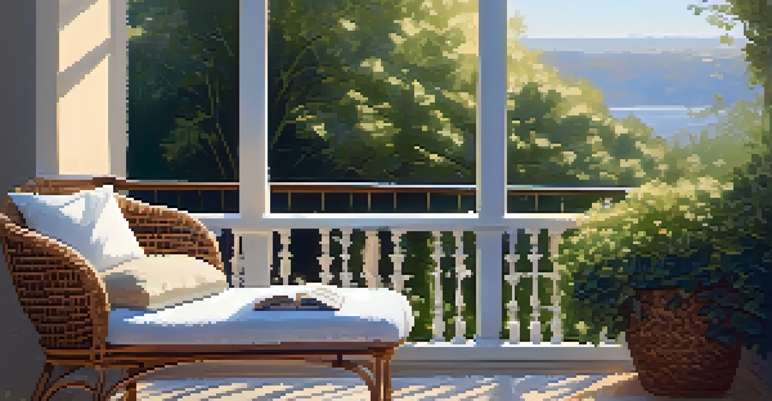 A serene balcony reading nook with a wicker chair, a coffee table, and a view of a lush garden, illuminated by soft morning light.