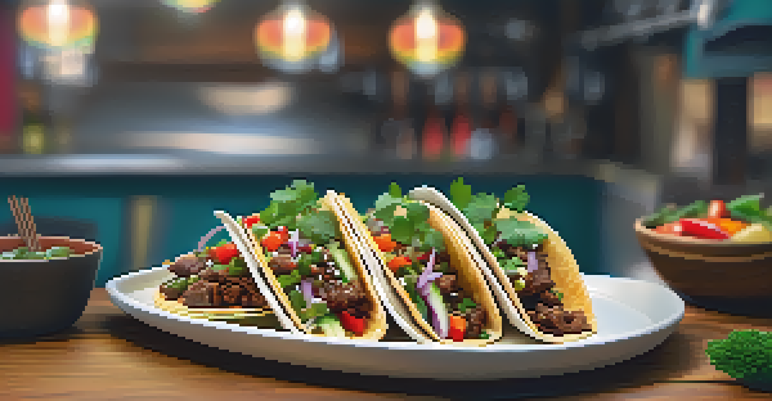 A fusion taco filled with Korean BBQ beef, garnished with fresh vegetables and served on a wooden board in a cozy kitchen.