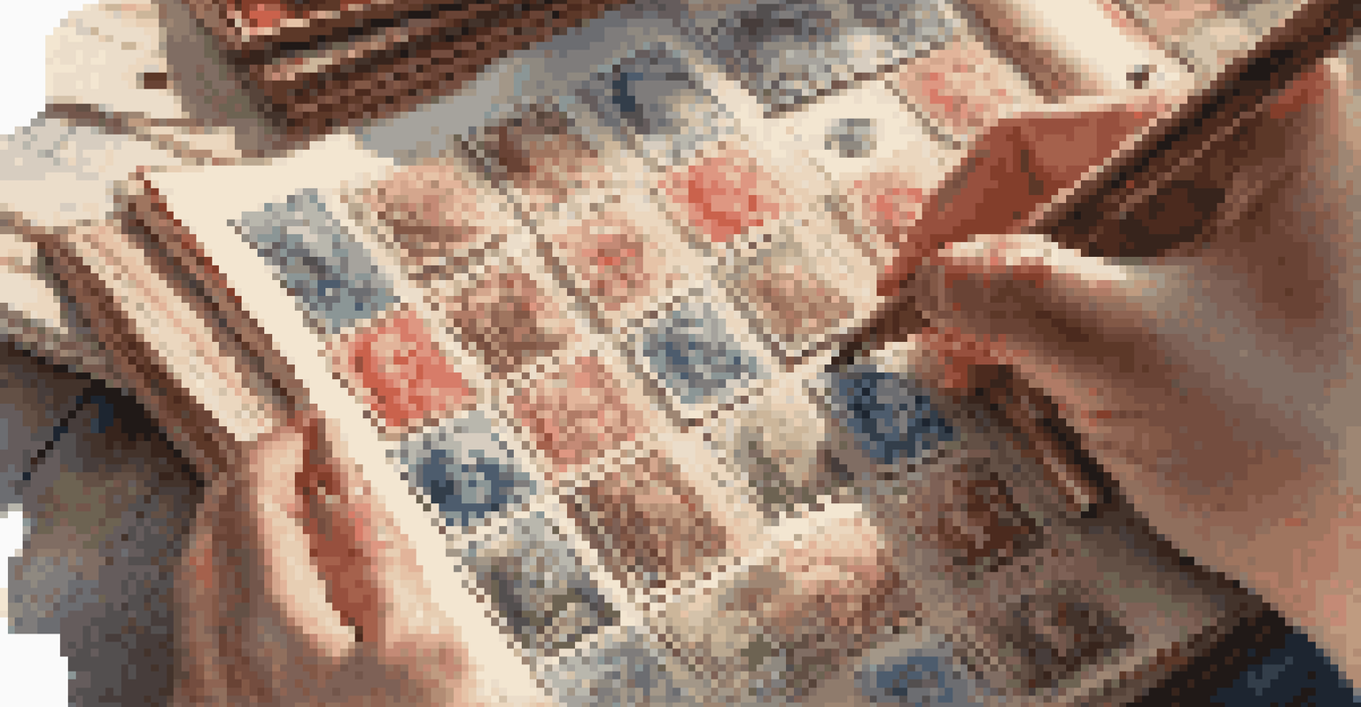 A close-up of a woman's hands arranging vintage stamps in an album, with sunlight highlighting the colors and designs.