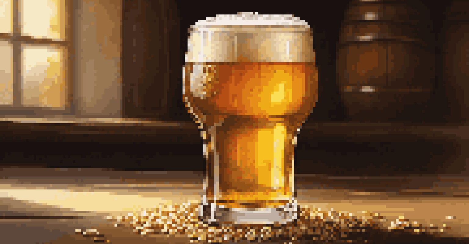 A close-up of a pint of golden beer with a frothy head on a rustic table, surrounded by grains and hops.