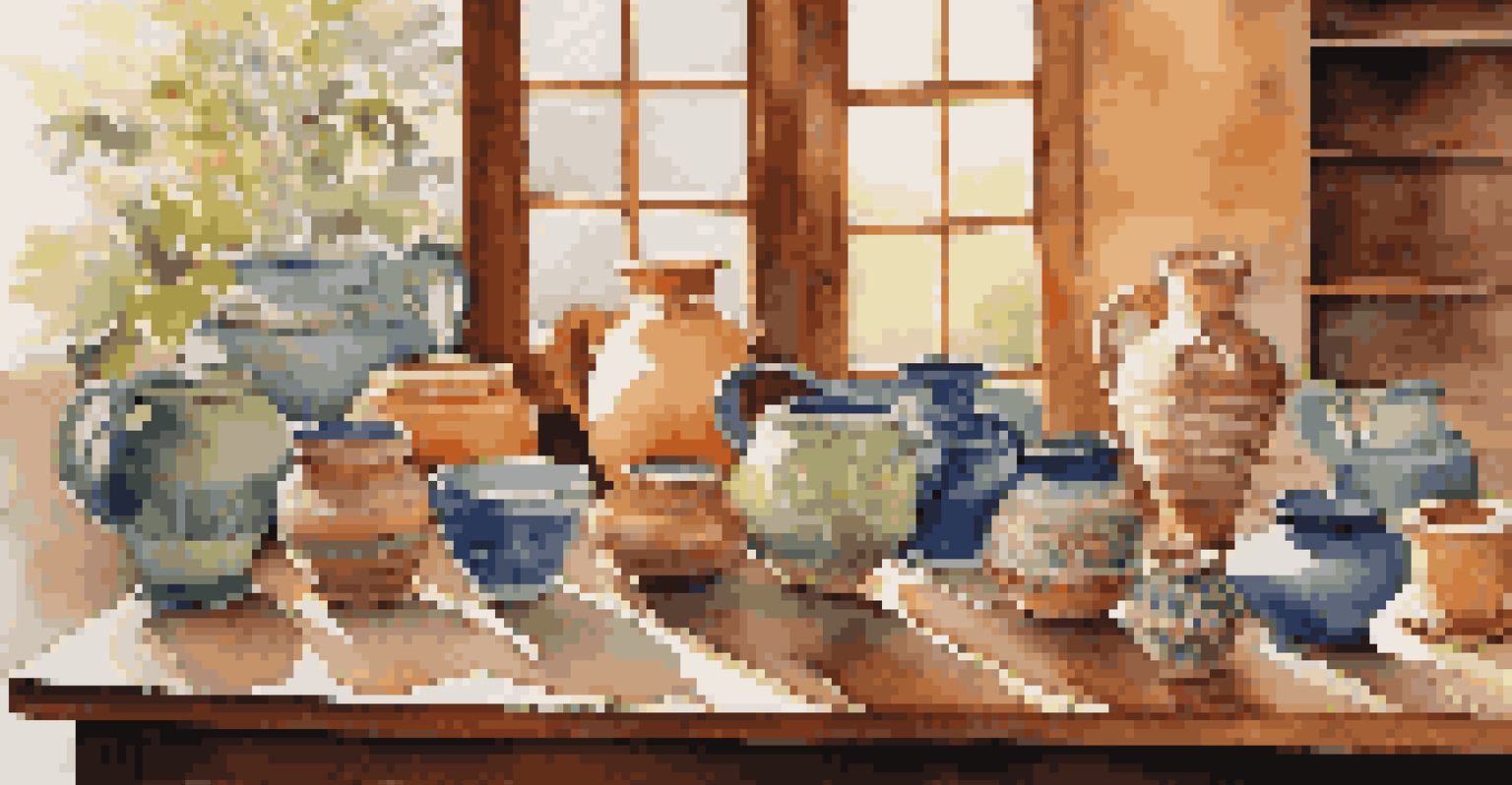 A variety of finished slip-decorated pottery items on a wooden table, showcasing different colors and patterns in warm sunlight.