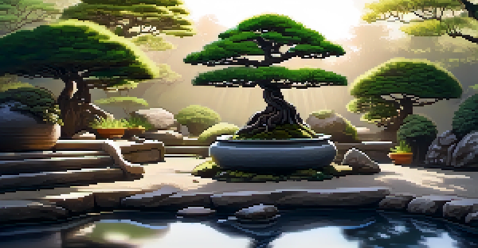 A peaceful garden with various bonsai trees, a traditional Japanese tea house, and sunlight filtering through the leaves.