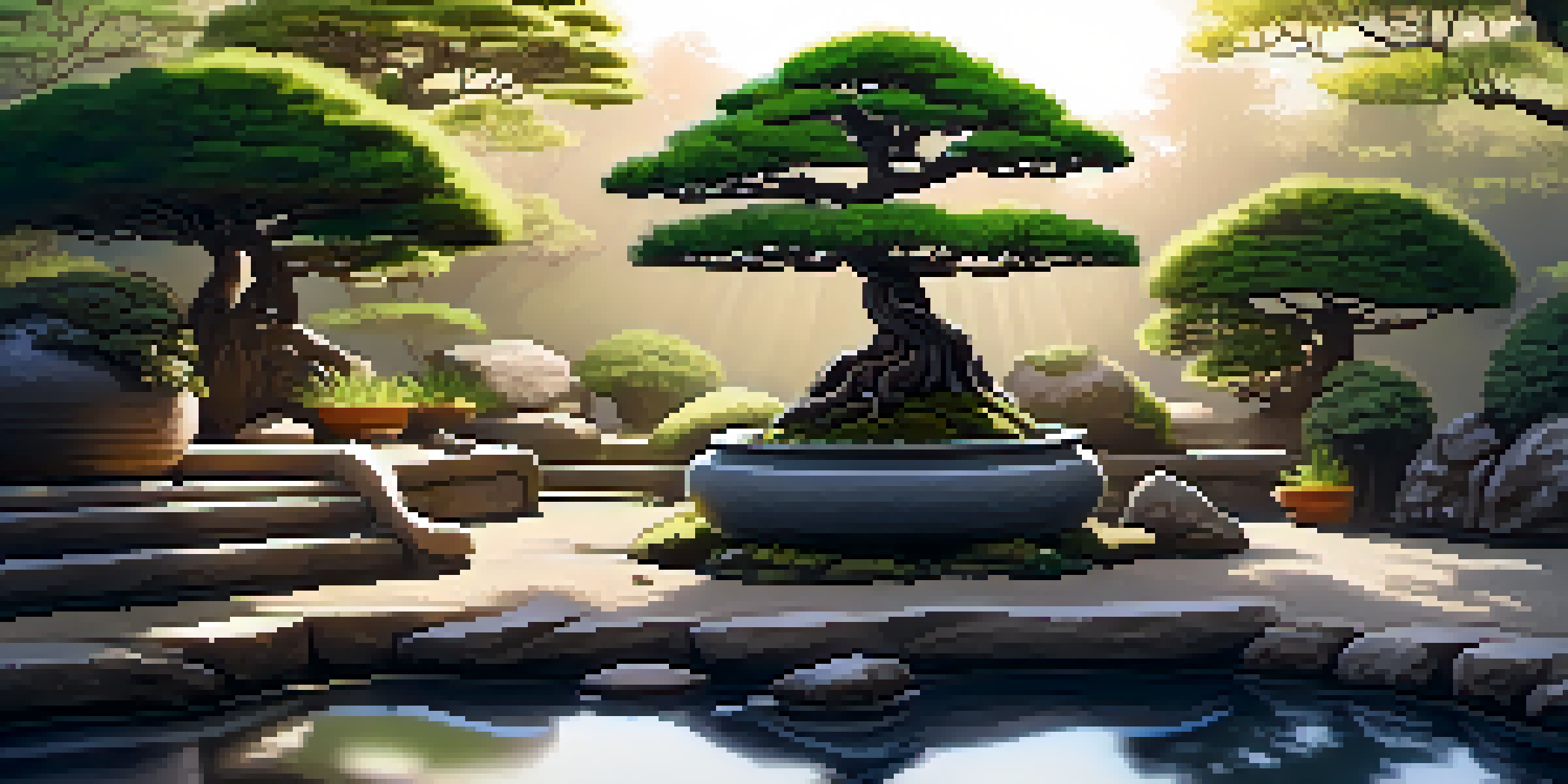 A peaceful garden with various bonsai trees, a traditional Japanese tea house, and sunlight filtering through the leaves.