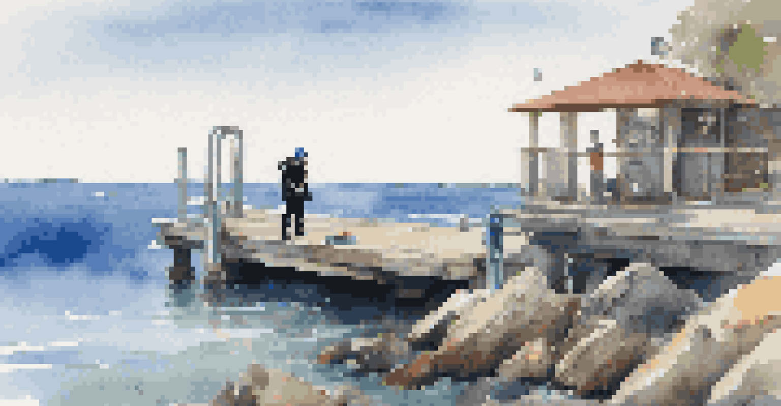 A diver checking rental scuba gear on a pier before diving into the ocean.