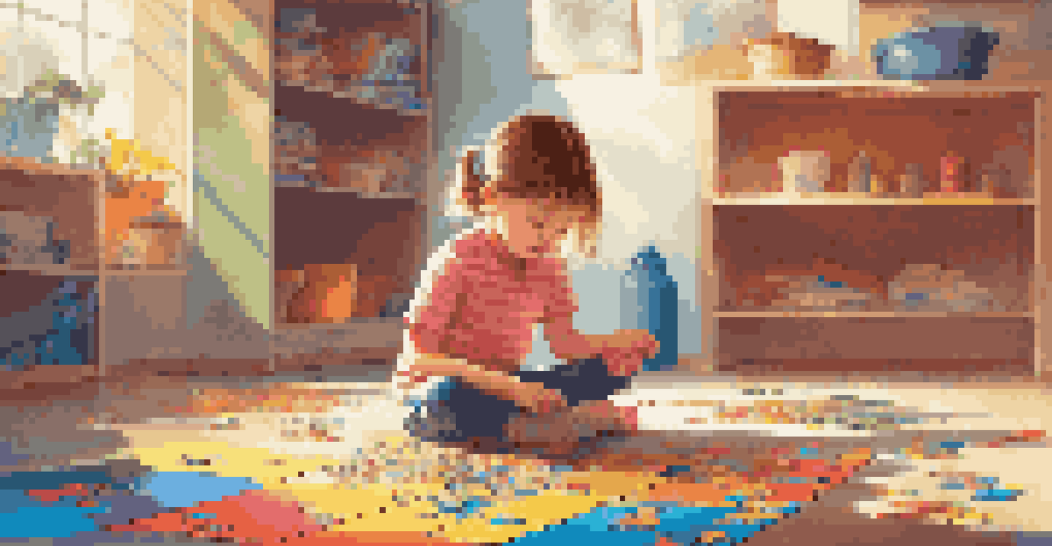 A child sitting on the floor, focused on solving a colorful floor puzzle, in a vibrant and cheerful room filled with educational decorations.