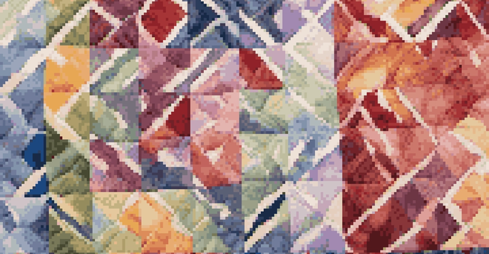 A detailed view of a quilt with vibrant colors and intricate patterns, focusing on the neatly stitched binding in soft natural light.