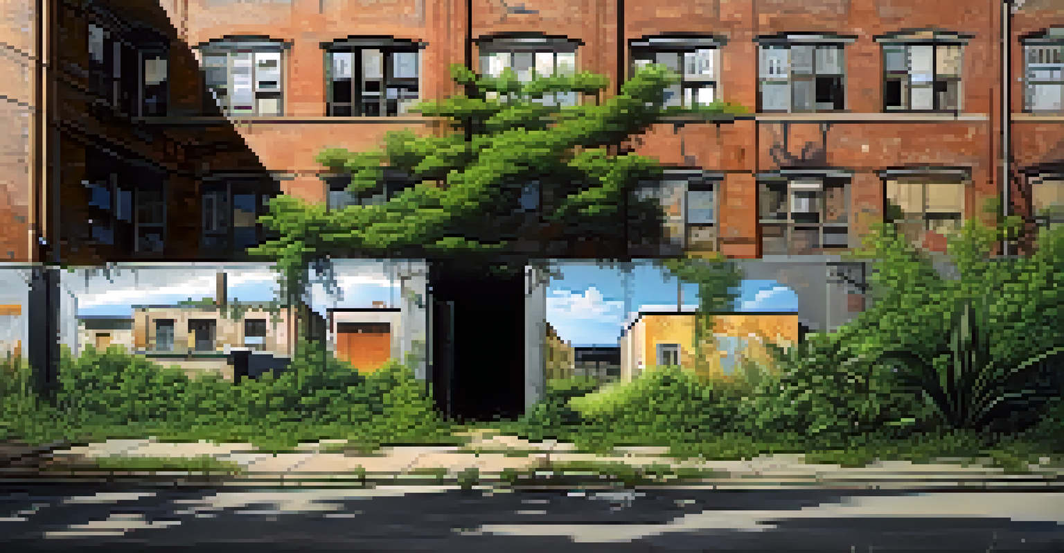 An abandoned urban area with boarded-up buildings, overgrown plants, and graffiti on the walls, illuminated by dim light.