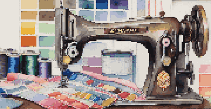 A close-up of a sewing machine showing stitch settings with colorful fabric swatches and threads in a well-lit workspace.