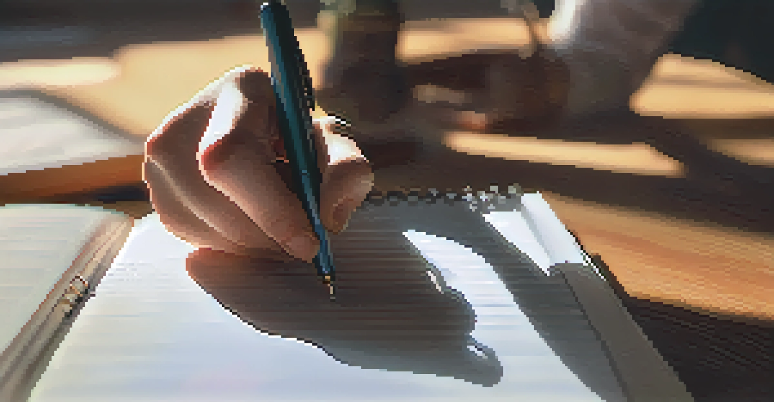 A hand holding a pen over a blank page in a notebook, with soft sunlight in the background.