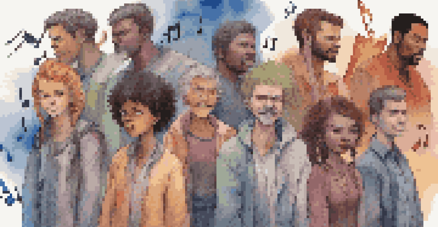 An artistic depiction of different character voices, with distinct characters and a vibrant background of sound waves.