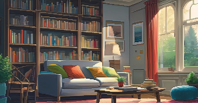 A person sits comfortably on a sofa, wearing headphones and listening to an audiobook, with a warm and inviting living room setting.