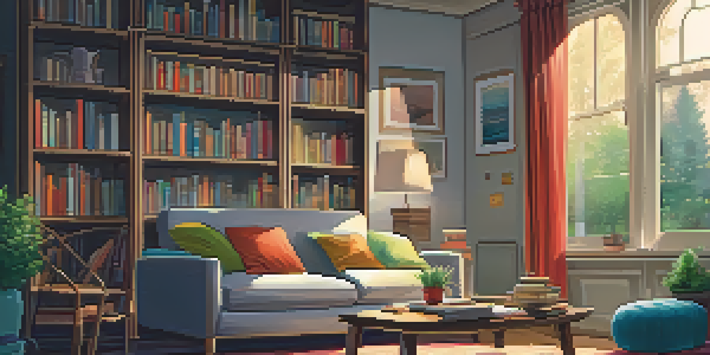 A person sits comfortably on a sofa, wearing headphones and listening to an audiobook, with a warm and inviting living room setting.