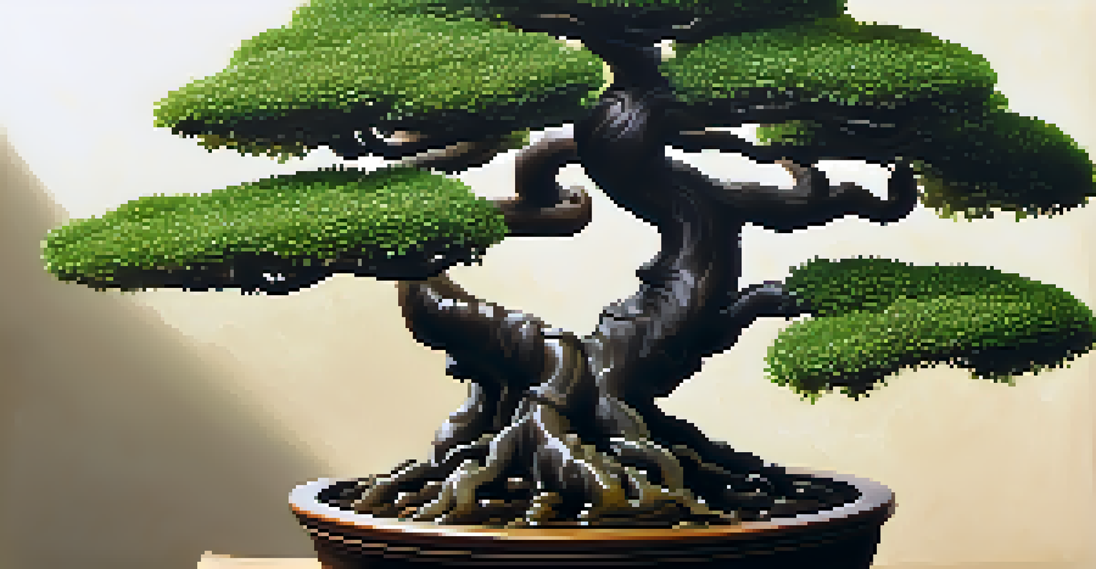 A close-up of a jade bonsai tree with glossy leaves and a textured trunk on a wooden surface, glistening with water droplets.