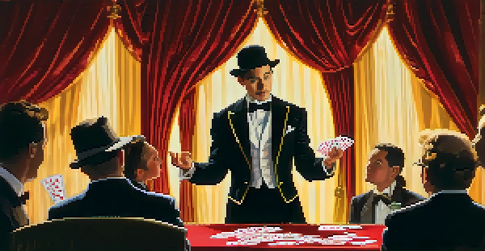 A magician in a tuxedo performing a card trick with an audience watching in awe, vibrant red and gold curtains behind him.