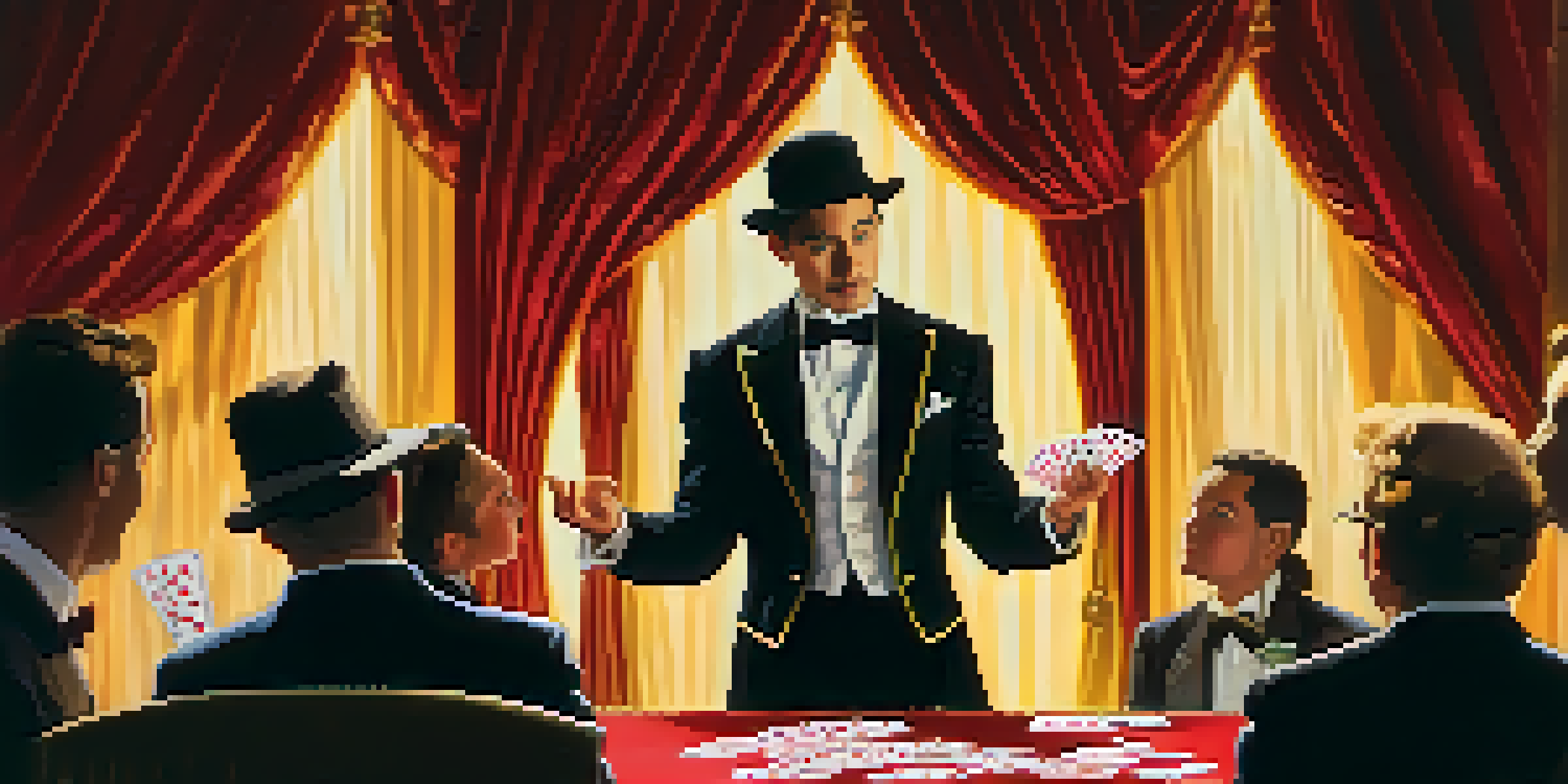 A magician in a tuxedo performing a card trick with an audience watching in awe, vibrant red and gold curtains behind him.