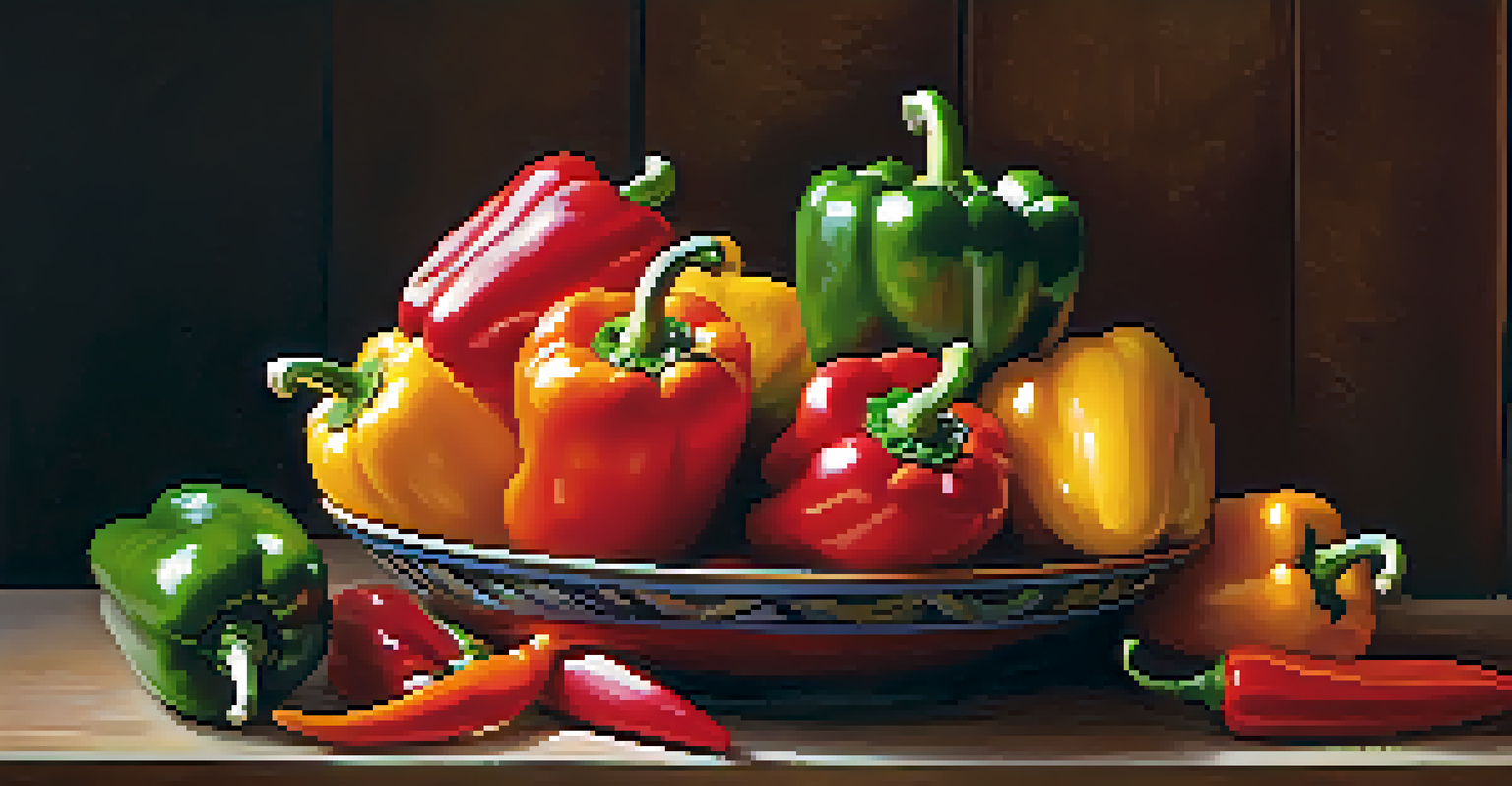 A decorative bowl filled with colorful bell peppers and chili peppers on a kitchen table, with warm wooden textures in the background.