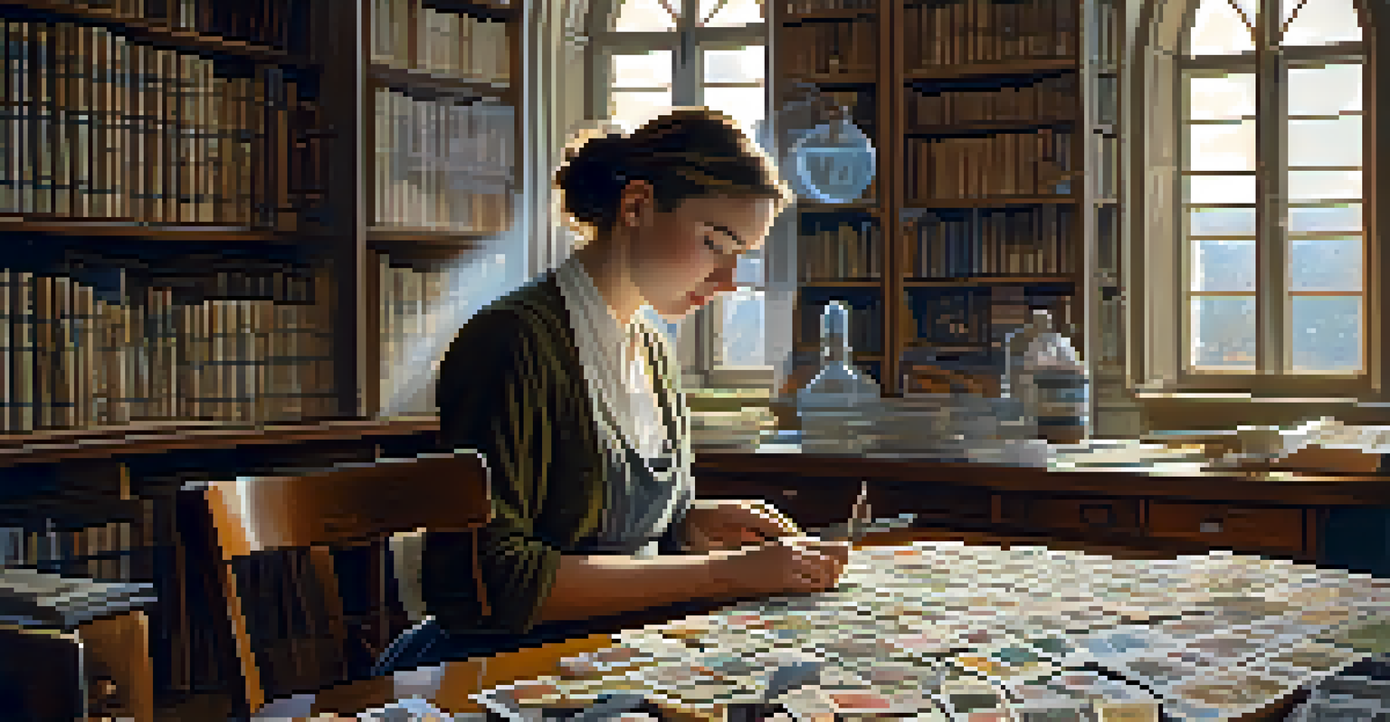 A philatelist examining a rare stamp under a magnifying glass at a table, surrounded by stamp albums.