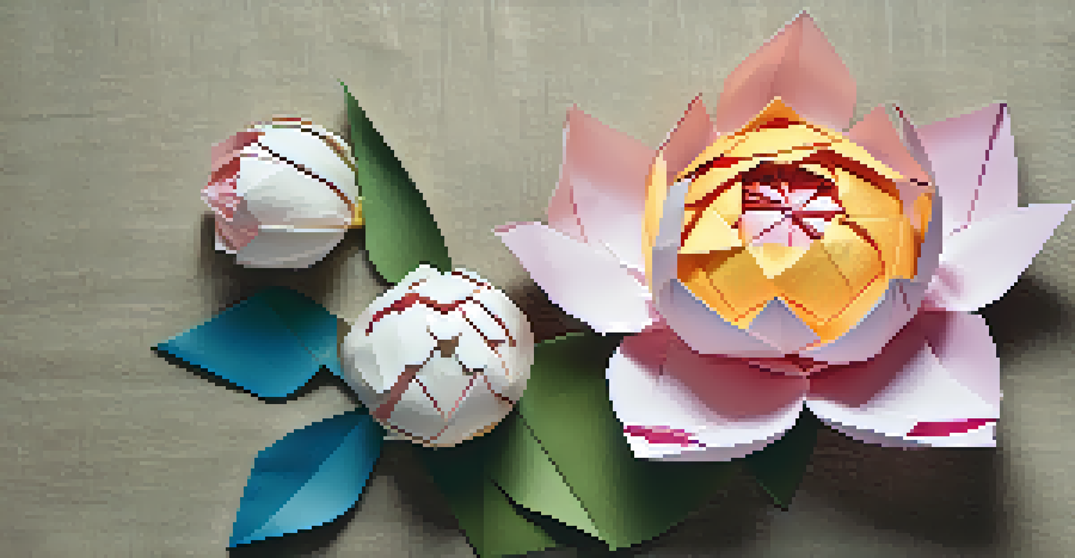 A collection of origami flowers, including a peony and lotus, displayed on textured fabric, highlighting the intricate details and shadows.