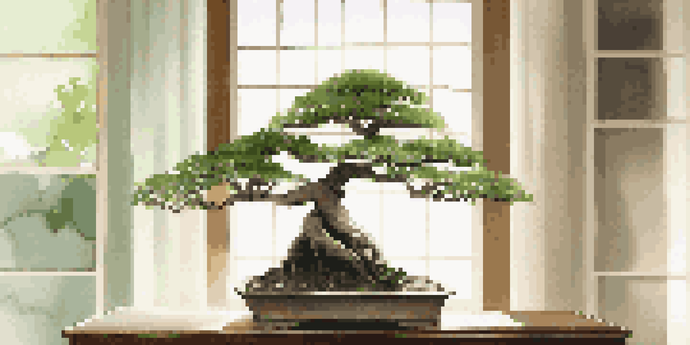 A bonsai tree in a minimalist living room with sunlight streaming through a window.