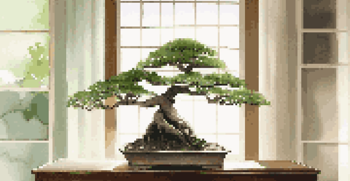 A bonsai tree in a minimalist living room with sunlight streaming through a window.