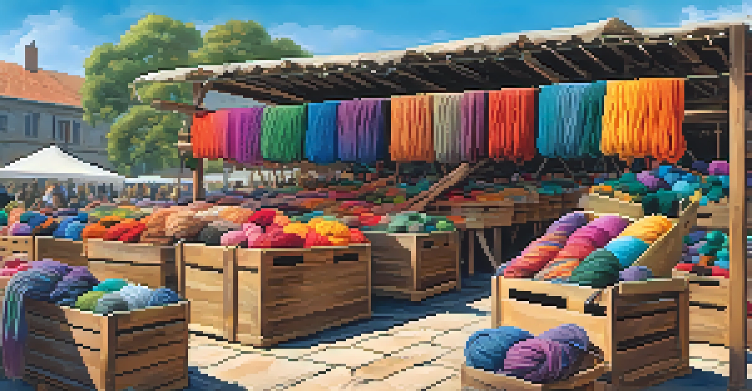 A colorful outdoor market stall displaying various yarn skeins and plants, with people browsing happily.