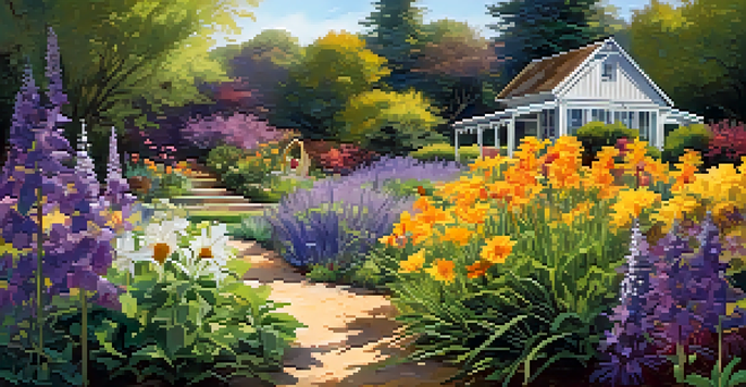 A colorful garden with native plants blooming under the sunlight, butterflies and bees visible, and a wooden birdhouse in the background.