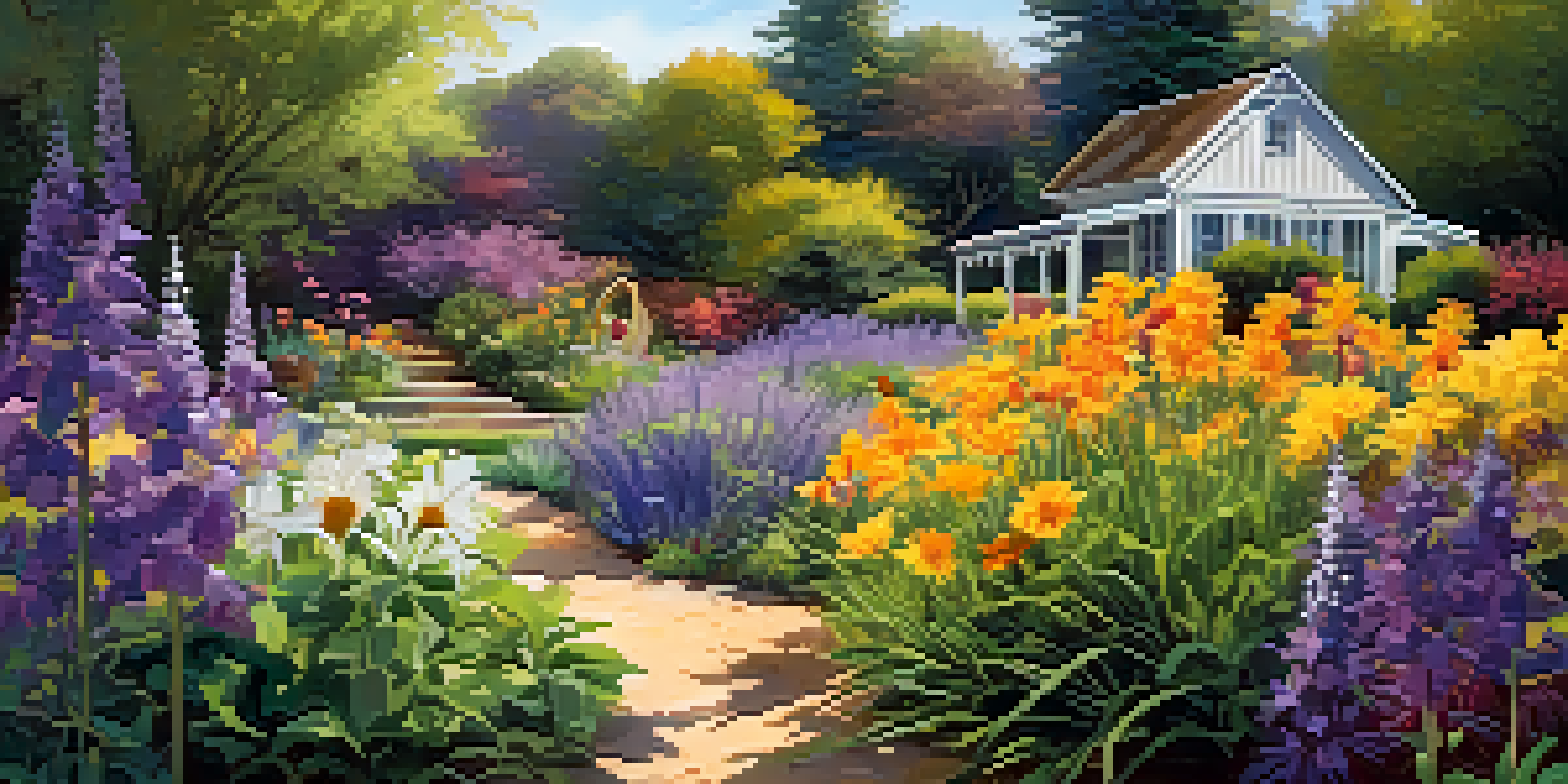 A colorful garden with native plants blooming under the sunlight, butterflies and bees visible, and a wooden birdhouse in the background.