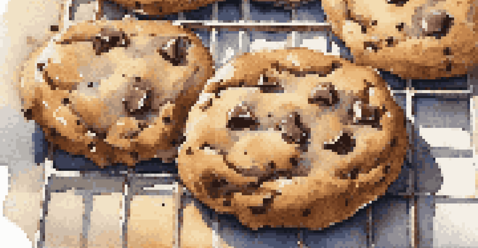 A close-up view of a whole grain chocolate chip cookie on a cooling rack with crumbs around it.