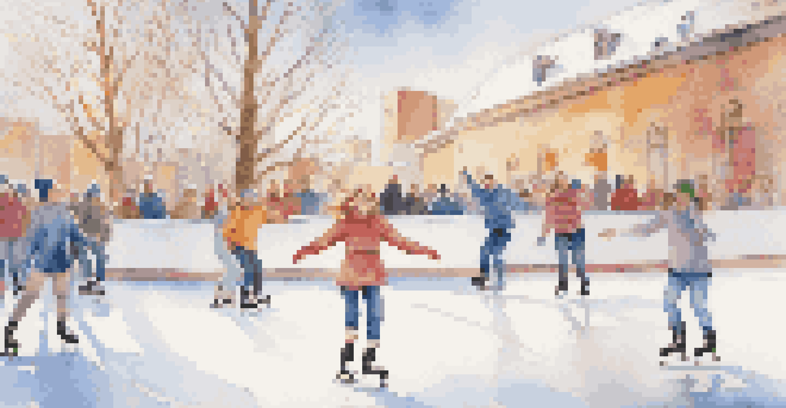 A beginner ice skater smiling while holding onto the wall for support, with a lively rink and colorful banners in the background.