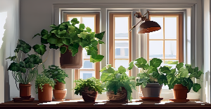 A warm indoor corner with various houseplants on a wooden shelf, illuminated by soft natural light.