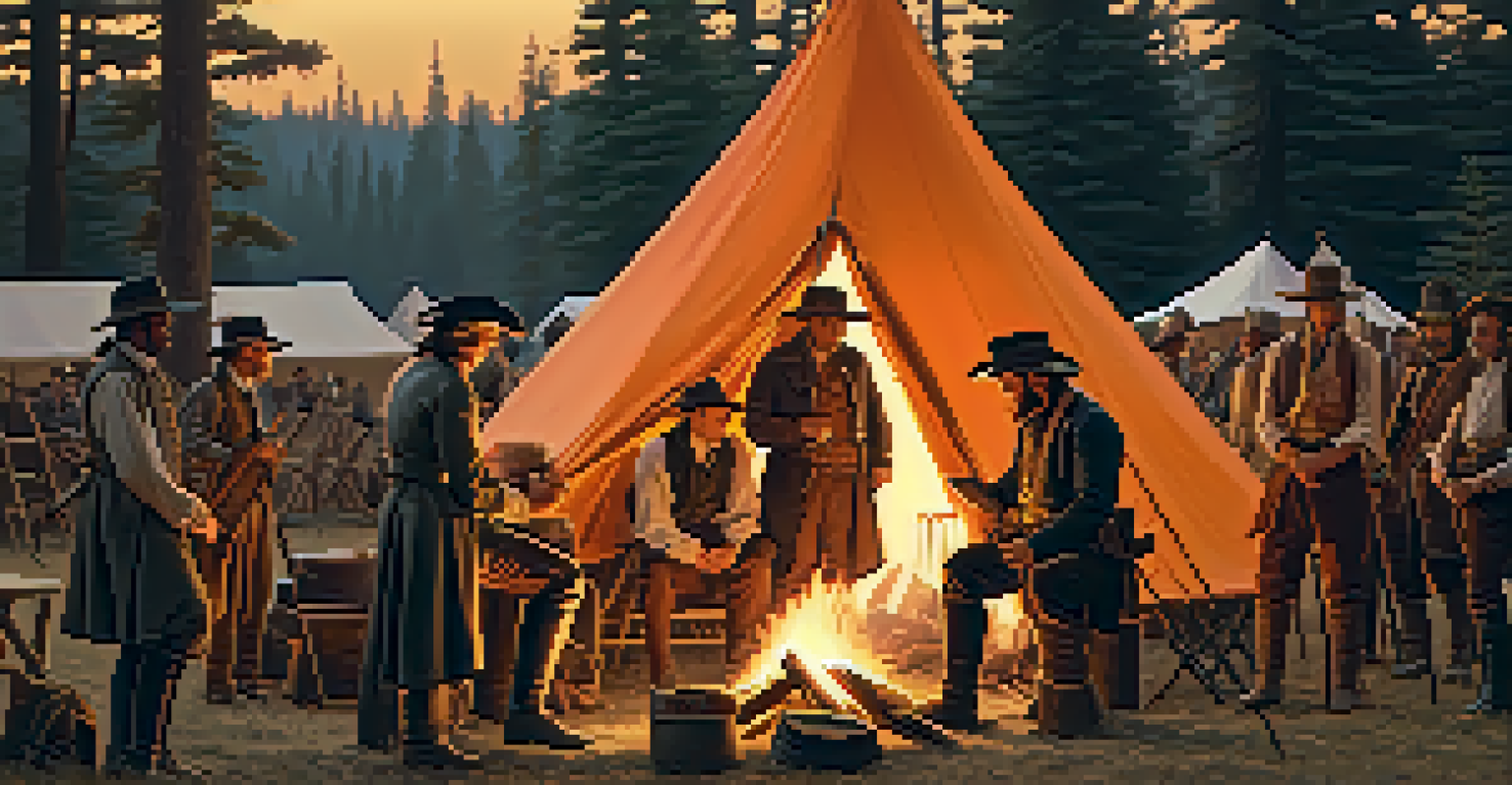 19th-century pioneer encampment with a canvas tent, campfire, and participants in period clothing during a reenactment.
