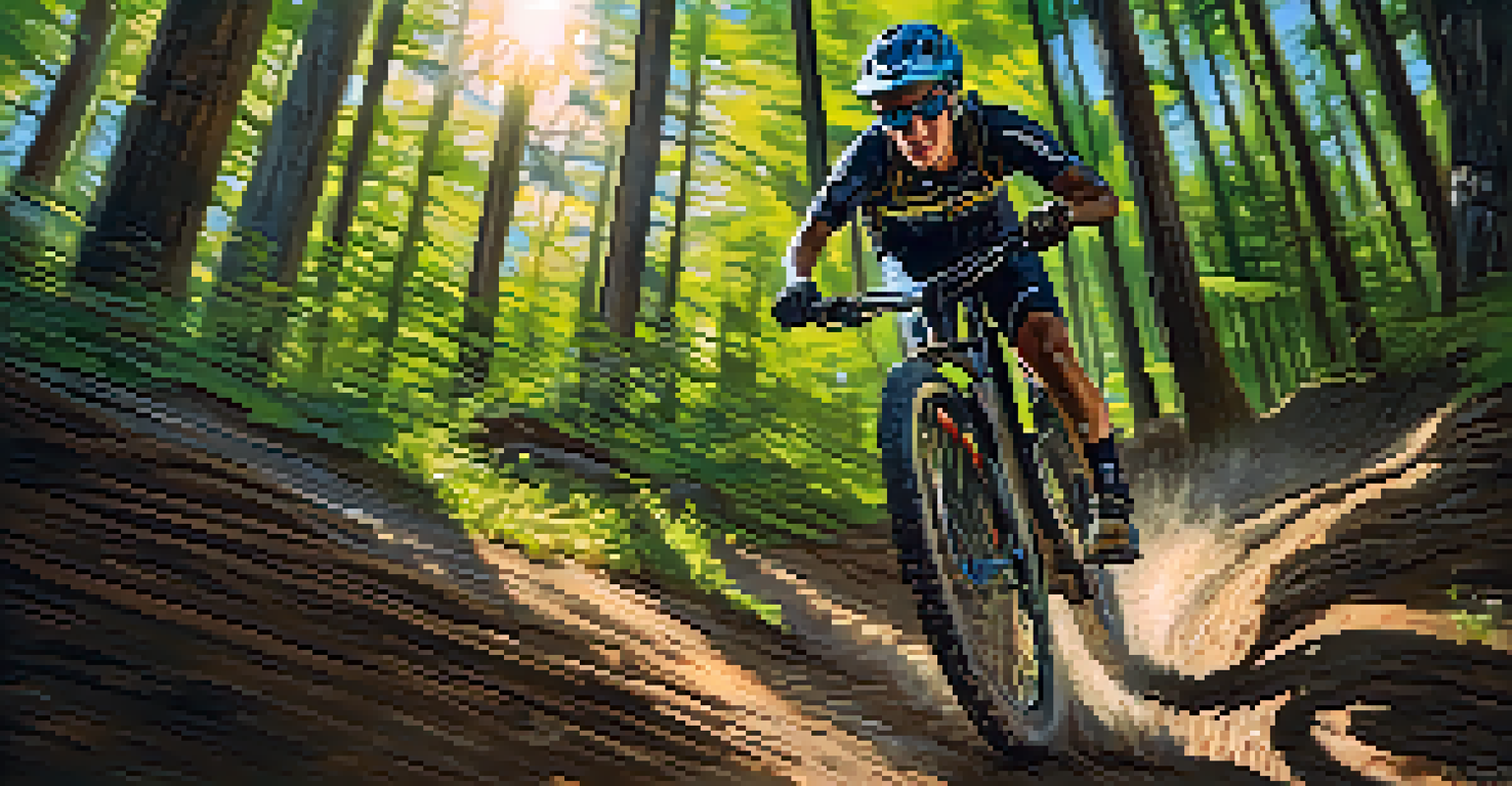 A mountain biker racing down a forest trail, surrounded by trees and sunlight, with dirt flying from the tires.